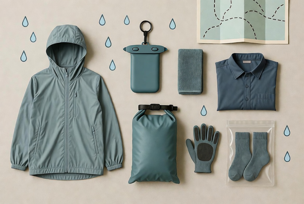 Rainy season packing essentials: waterproof phone pouch, dry bag, rain jacket, quick-dry items