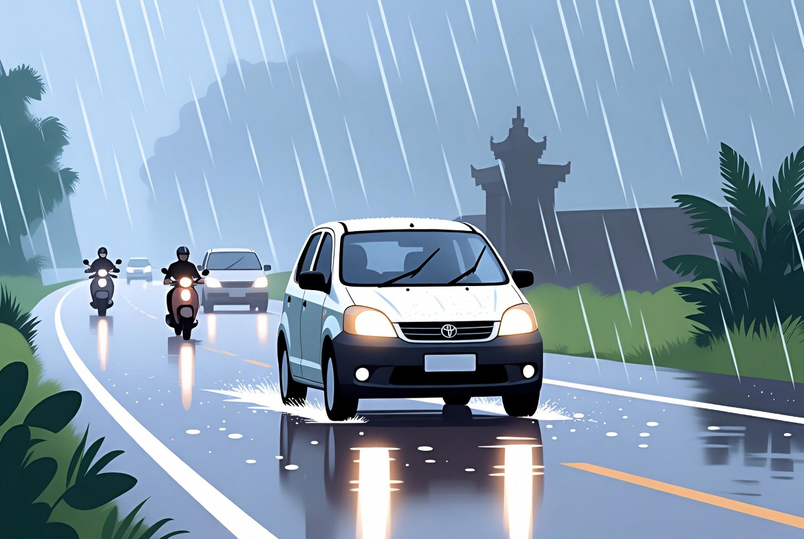 Car driving in heavy tropical rain: wipers, lights, slow speed, safe distance